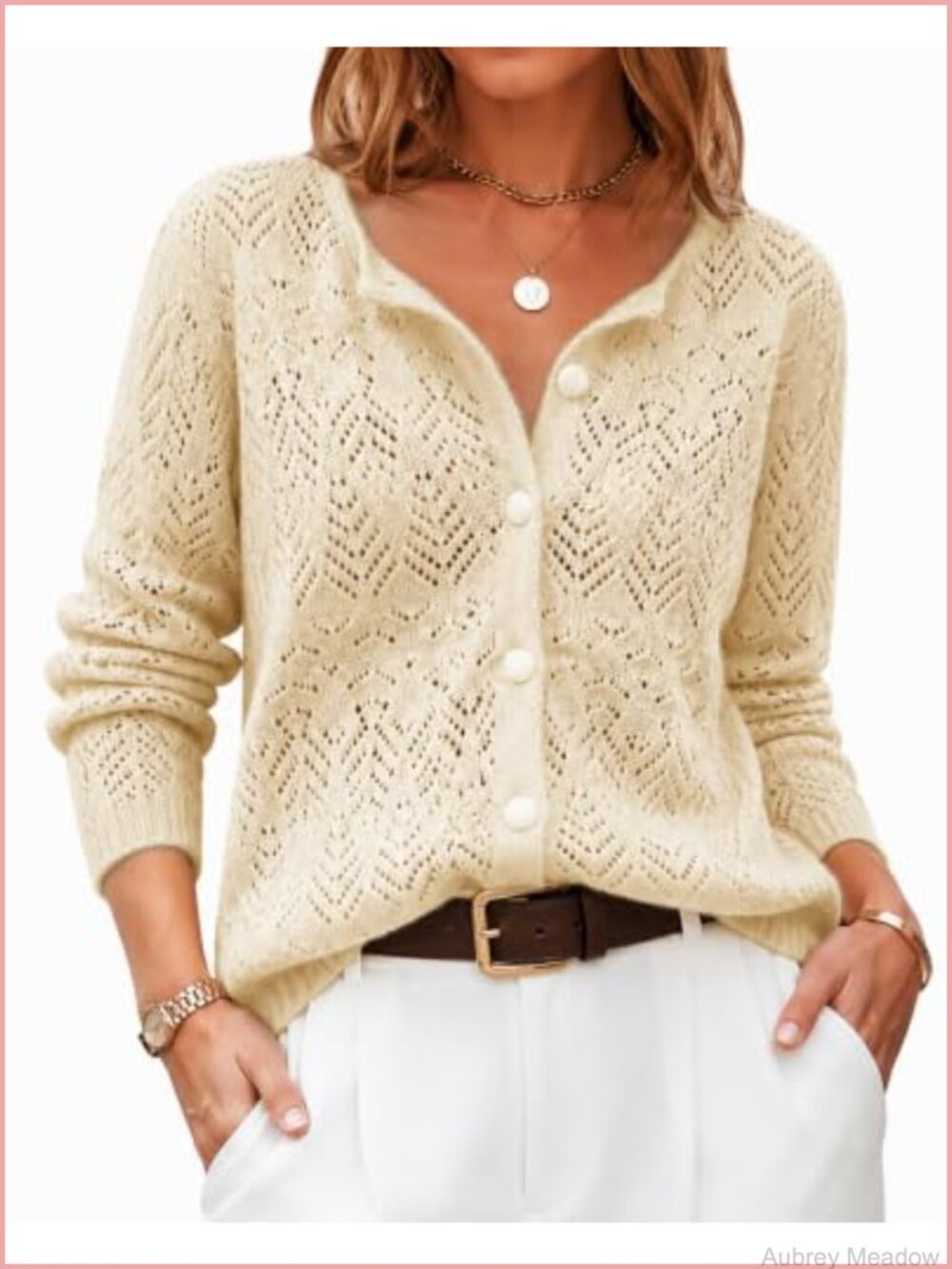 BEPOYIYE Women's Hollow Out Knit Cardigan Button V-Neck Lightweight